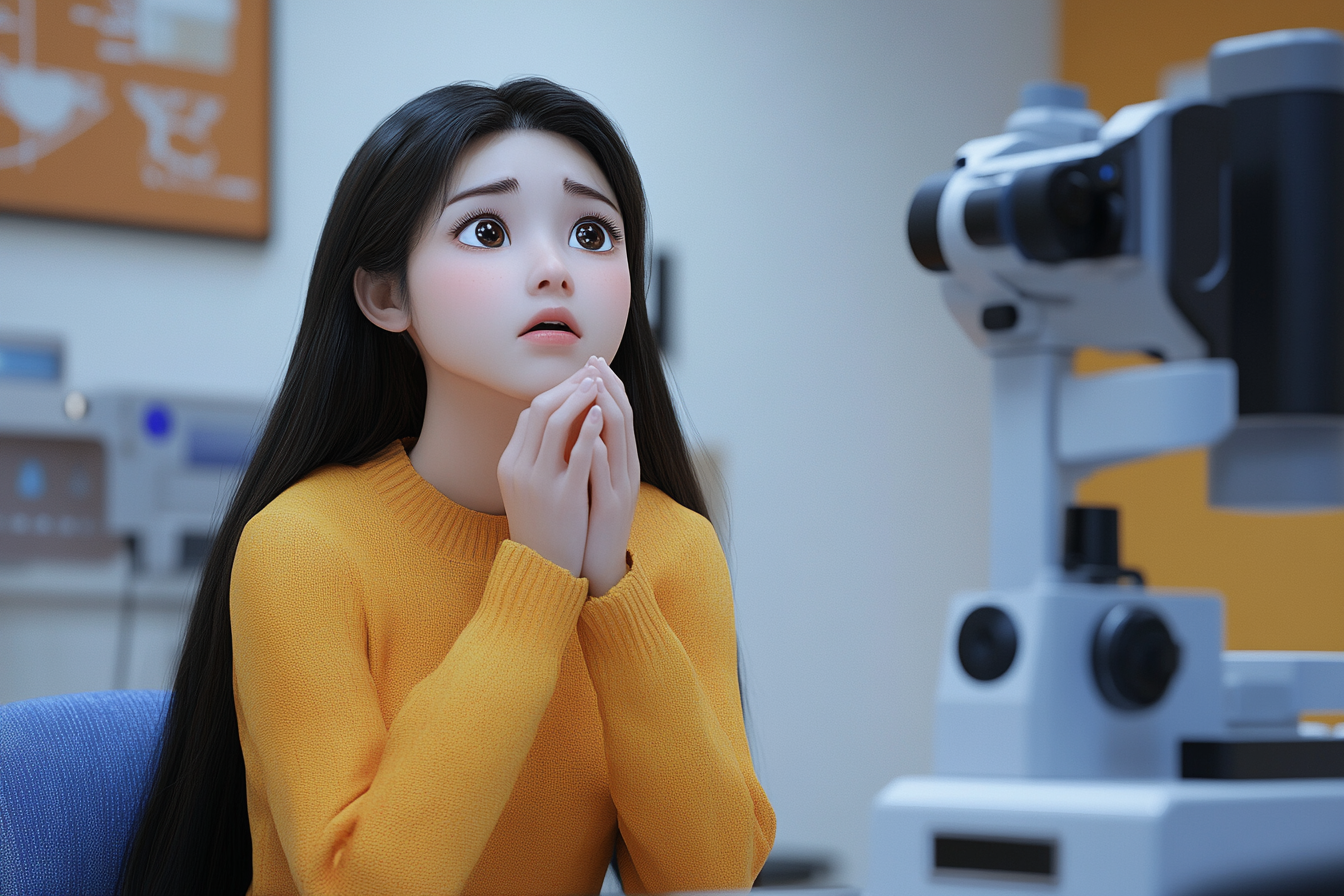 눈 수술을 앞두고 긴장한 고객에게 차분하게 절차를 설명하는 간호사의 모습 – BGN밝은눈안과(잠실)