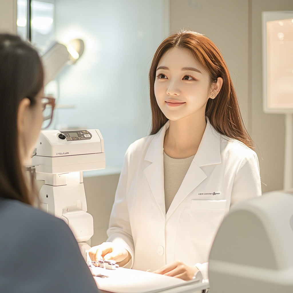스마일라식과 스마일프로 차이를 설명 중인 검안사 – 검사실에서 고객에게 장비 특징 안내하는 장면